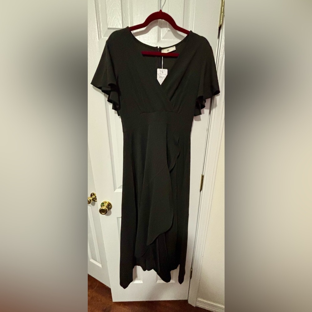 NWT “ZZV” SZ M Black Womens Midi/Maxi Length Cocktail Dress W/Asymmetrical Hem